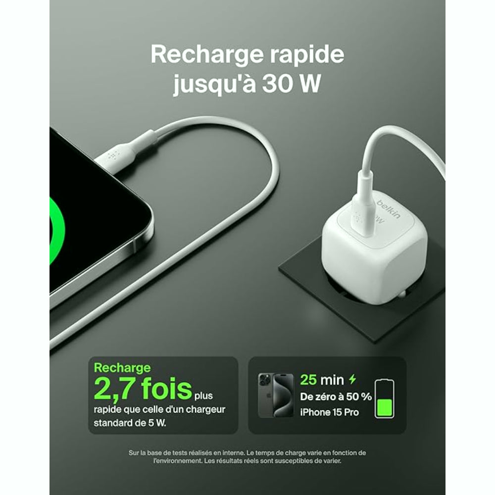 Belkin BoostCharge Chargeur secteur 30 W avec câble USB-C vers Lightning - Blanc