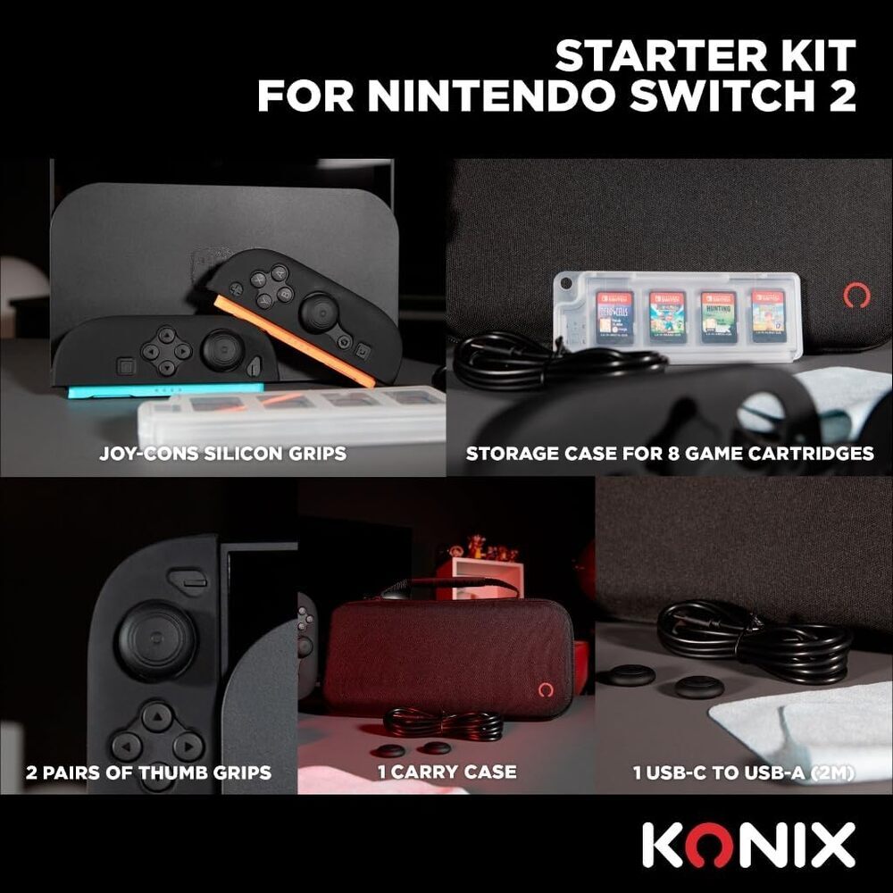 Konix Pack d'accessoires gaming Starter Kit pour console Nintendo Switch 2 - Housse - 4 appuie-pouces - Verre trempé - Boîtier 9 jeux - Écouteurs