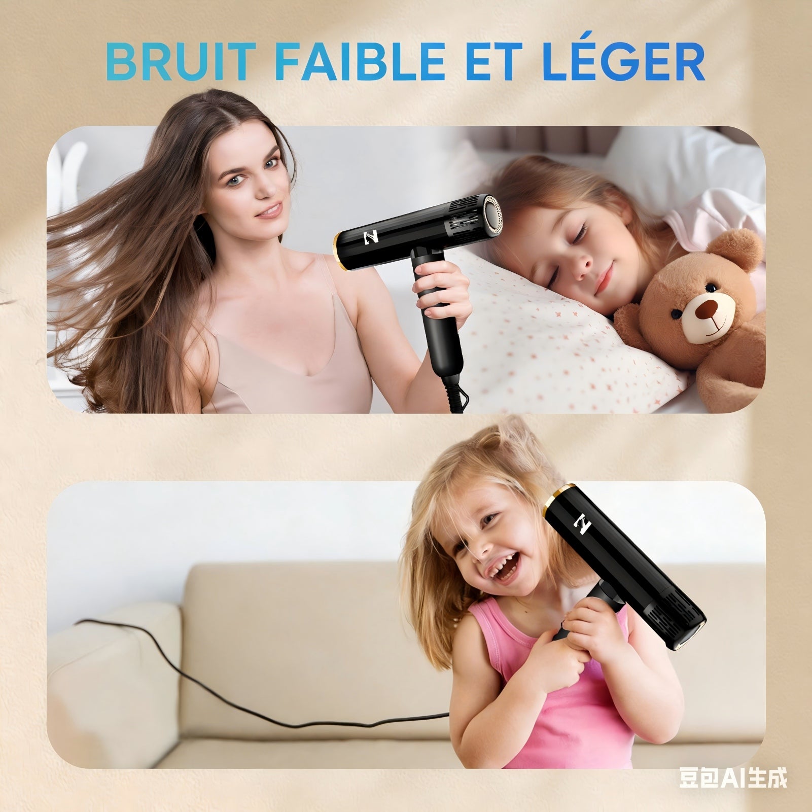 NICEBAY Sèche-cheveux ionique DW-9041 avec diffuseur pour cheveux bouclés, 1900 W, Moteur sans balais 110 000 tr/min, Peu bruyant, Léger