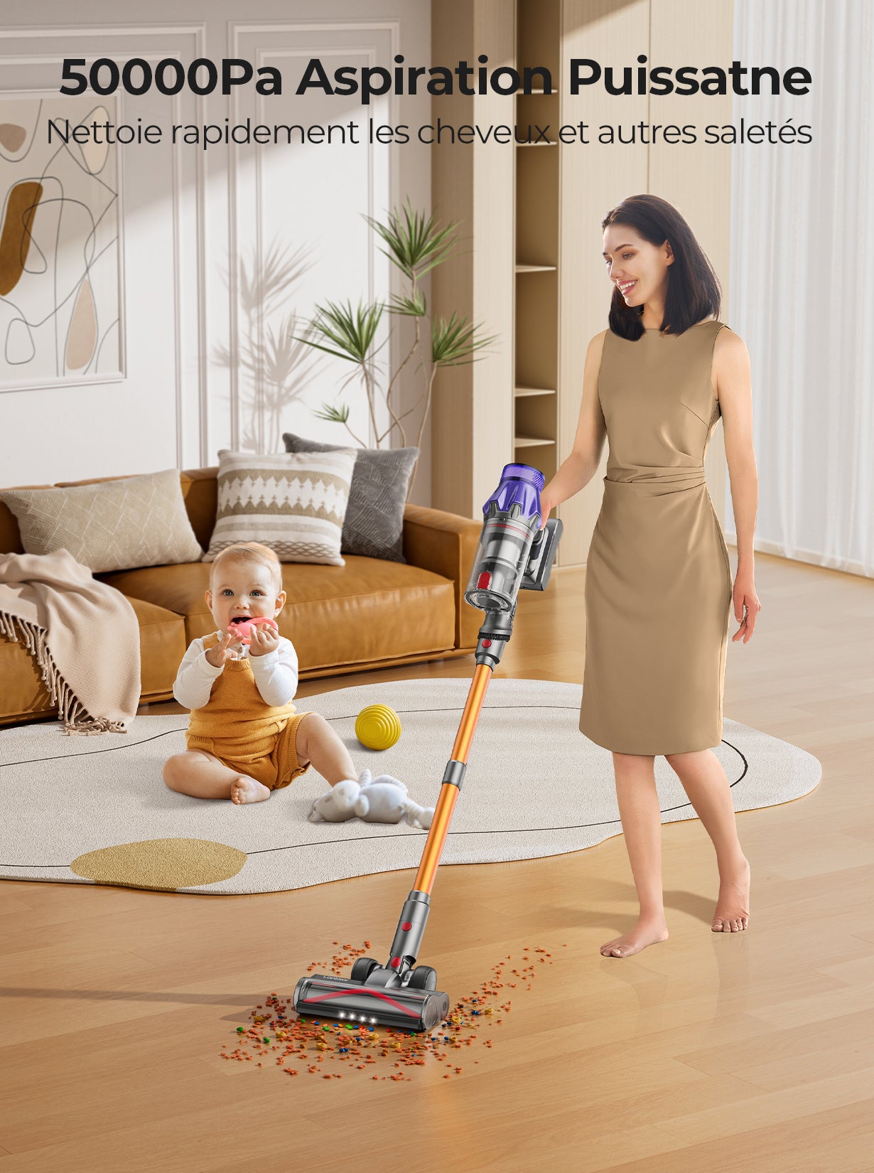 Laresar V7 Aspirateur sans fil, Aspirateur à main léger, Aspirateur balai puissant 50 kPa 500 W, Écran tactile, Autonomie de 60 min, Réglage à 3 vitesses, pour sols durs et tapis