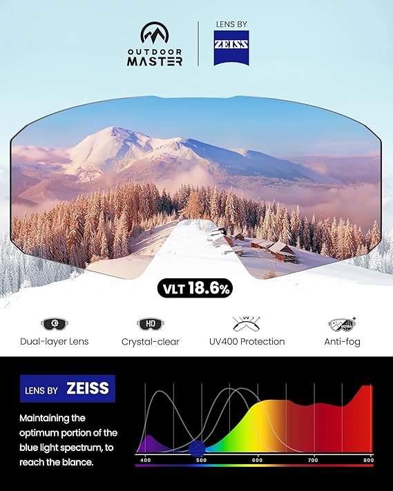 OutdoorMaster Falcon Zeiss - Ensemble de lunettes de ski, cadre noir, uniforme, ML Bleu Gelé, VLT 18,6 %, pour adultes