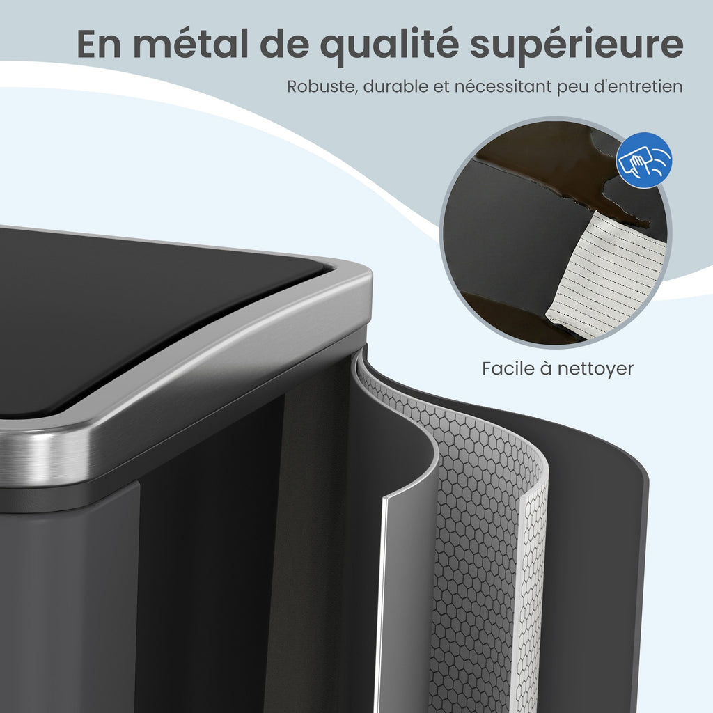 JOYFURNOS Poubelle de tri en acier à double compartiment, à pédale, fermeture douce, gris, avec 15 sacs poubelle