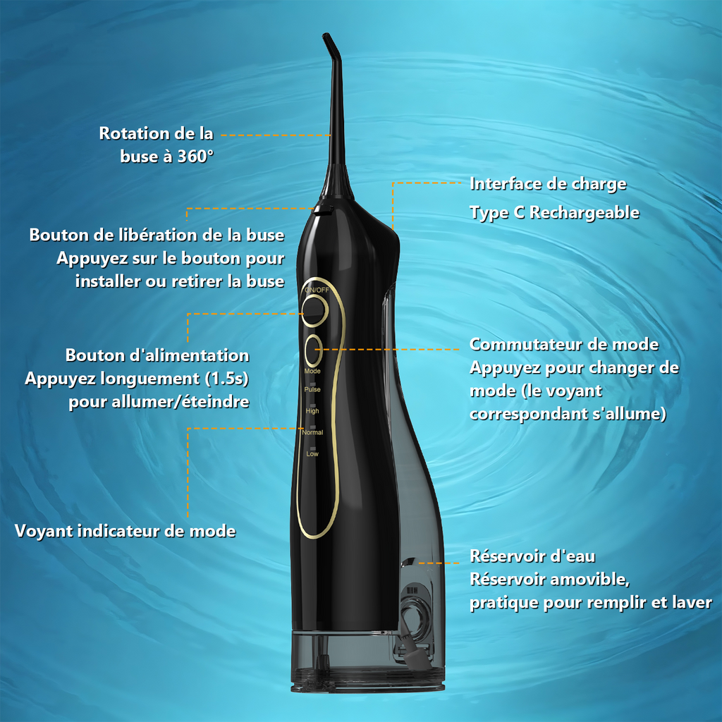 Sunluxy Hydropulseur dentaire portable sans fil, forte pression d’eau 140 PSI, 5 modes, buse rotative 360°, grand réservoir 300 ml, autonomie 40 jours, équipé de 4 types de buses, F5 Noir