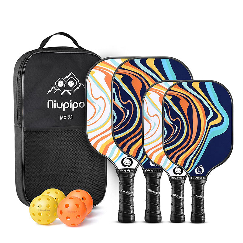 Niupipo Lot de 4 raquettes de pickleball (2 raquettes pour adultes + 2 raquettes pour enfants) – Fibre de verre, Noyau en nid d’abeille en polypropylène, Certifié USAPA, Poignée confortable, Parfait pour une utilisation familiale, MX-23