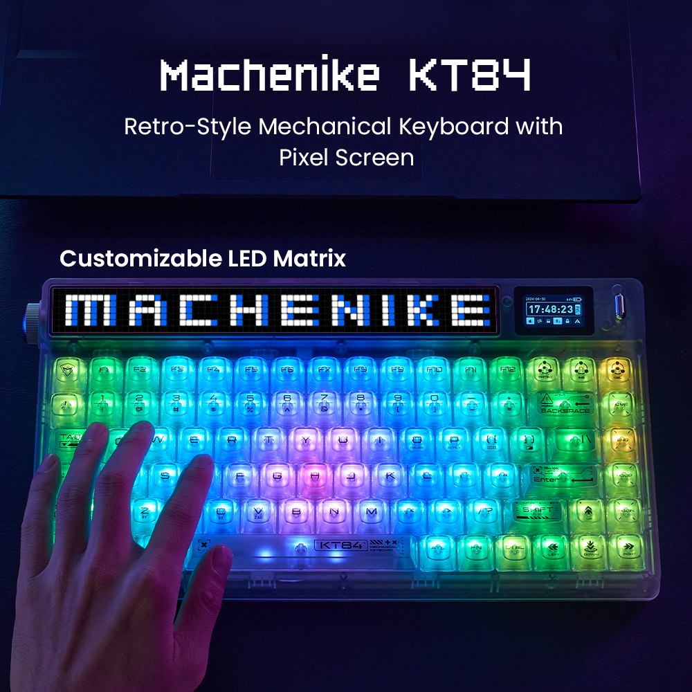 Machenike KT84-B84W clavier mécanique 75 %, triple mode, disposition QWERTY US, matrice LED personnalisable, écran TFT HD, design transparence, montage à joints remplaçable à chaud