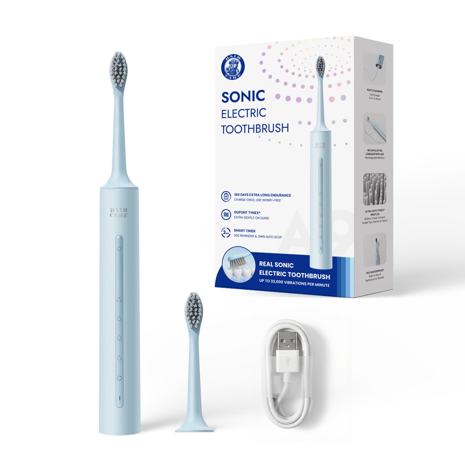 BAIR CARE A9 Brosse à dents électrique sonique avec autonomie longue durée