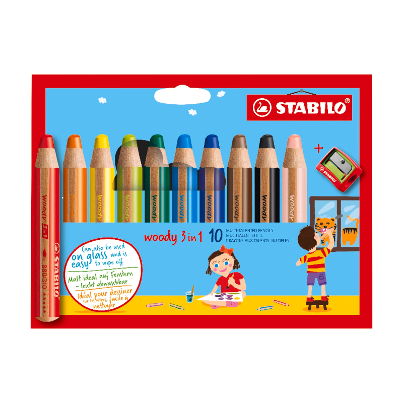 STABILO Woody 3-en-1 Lot de 10 crayons de couleur multi-talents avec taille-crayon