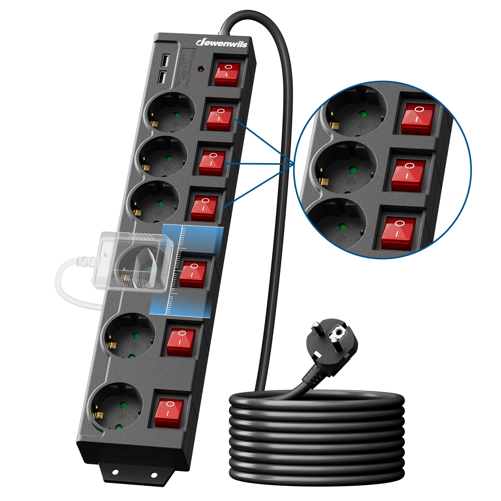 DEWENWILS Multiprise 6 prises avec USB, Interrupteurs individuels, Protection contre les surcharges, Sécurité enfant, Prises orientées à 90°, 5 m, Noir