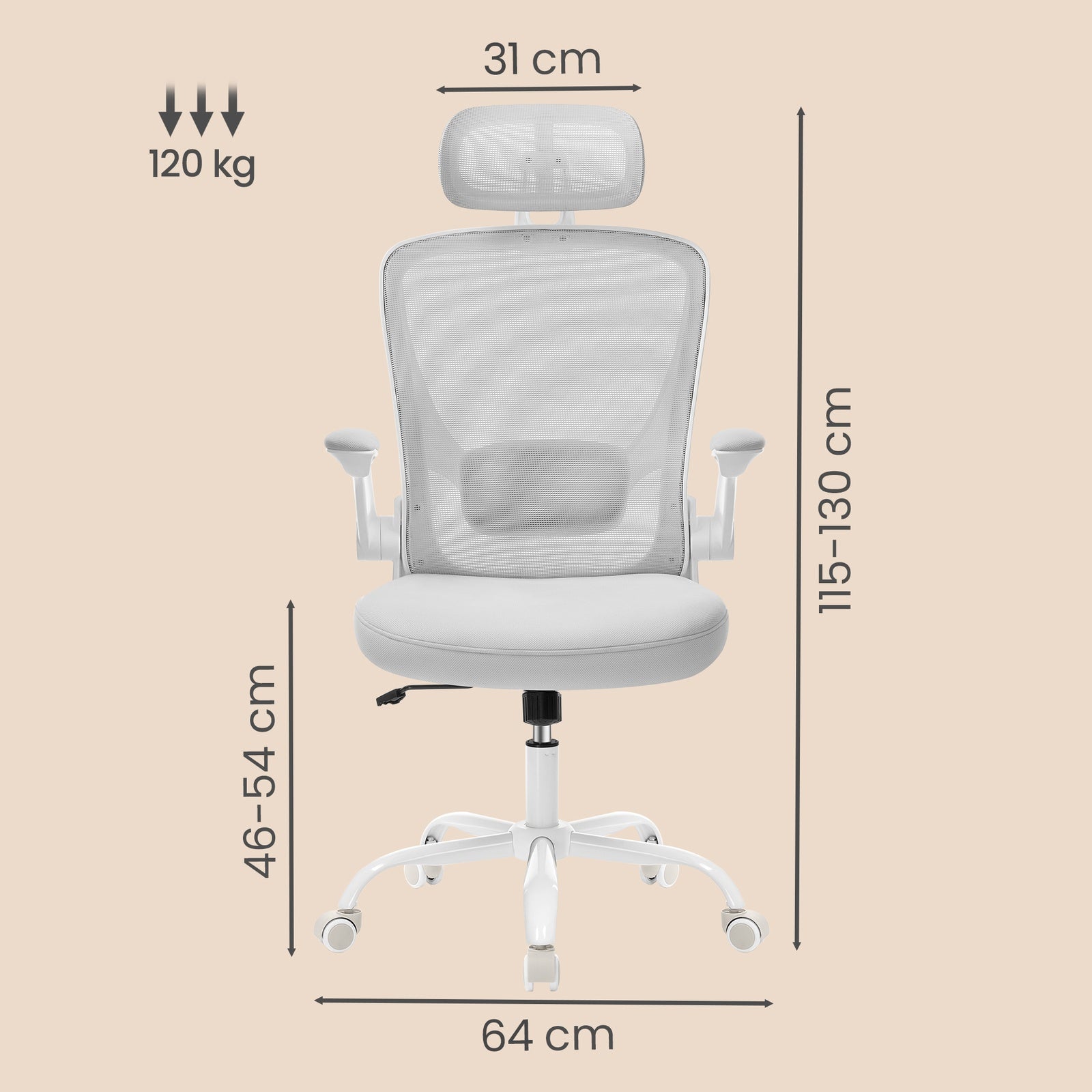 JOYFURNOS Chaise de bureau pivotante ergonomique avec soutien lombaire, appuie-tête, accoudoirs relevables, fonction d'inclinaison - Gris