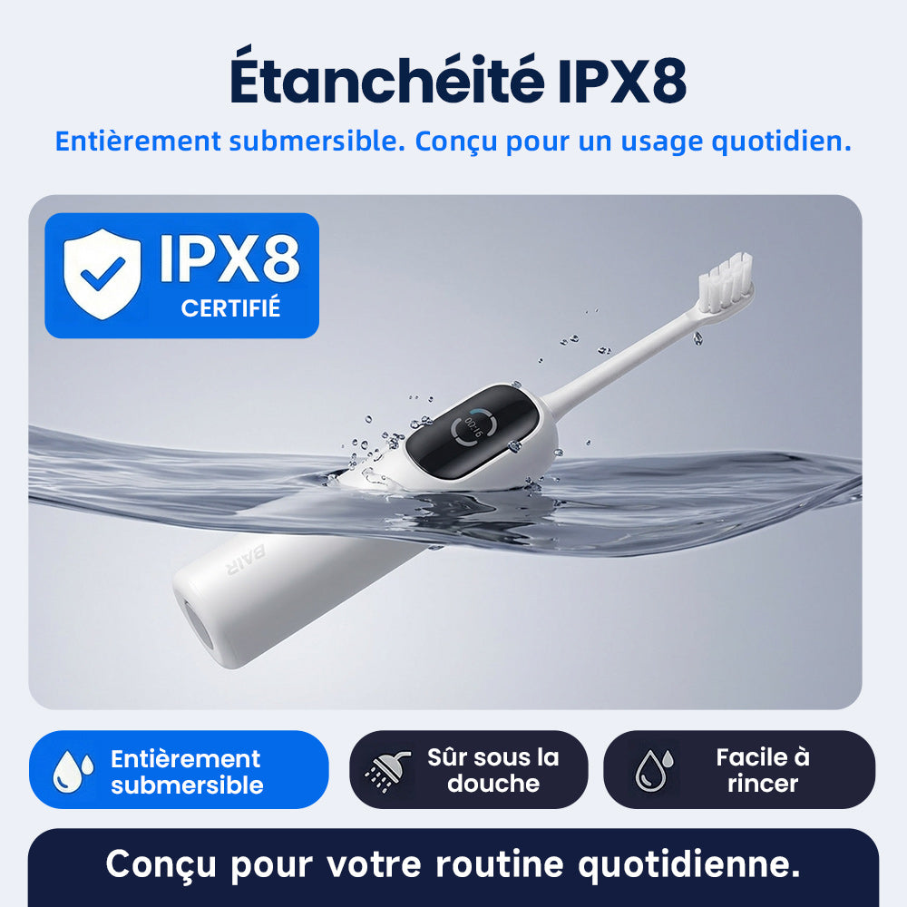 BAIR CARE I6 Brosse à dents sonique - Autonomie de 100 jours, rechargeable, 5 modes de nettoyage, étanche IPX8, minuteur intelligent, idéal pour la maison et les voyages