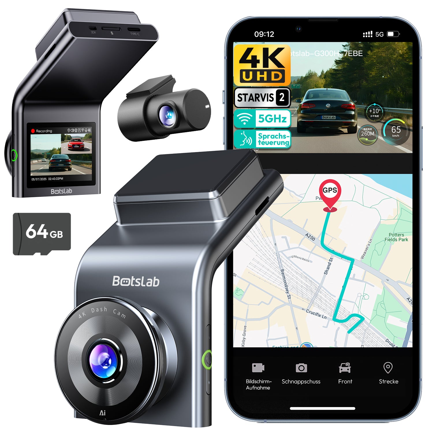 BOTSLAB G300H Plus Dashcam 4K Caméra Embarquée Voiture Avant Arrière | Capteur STARVIS 2, Double Canal WDR, Carte SD 64 Go, Commande Vocale, Wi-Fi 5GHz, GPS, Vision Nocturne
