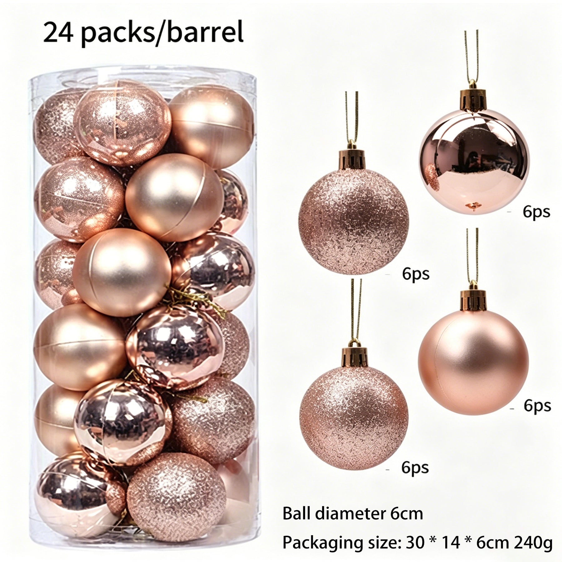 Ju7cer 24 boules de Noël incassables, 6 cm/2,36 pouces, guirlande prête à suspendre pour sapin de Noël, convient pour Noël/Halloween/mariages/anniversaires (couleur champagne)