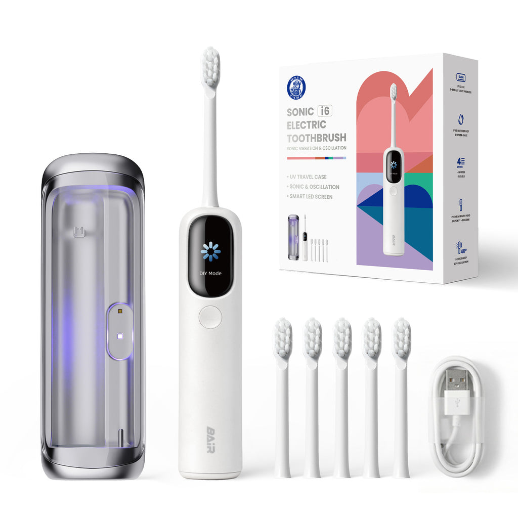 BAIR CARE I6 Brosse à dents sonique - Autonomie de 100 jours, rechargeable, 5 modes de nettoyage, étanche IPX8, minuteur intelligent, idéal pour la maison et les voyages
