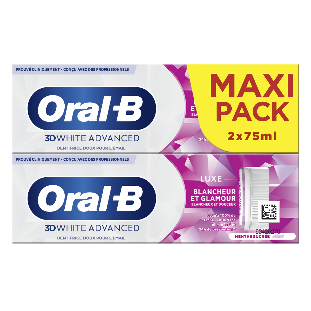 ORAL-B 3D White Advanced Luxe - Dentifrice blancheur et glamour - Lot de 2 x 75 ml