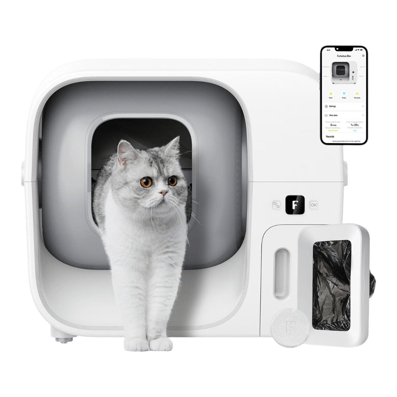 Furbulous Première Litière Automatique pour Chat au Monde avec Scellage Automatique et Sacs, Pack d'Essai de 60 Jours, Sécurité Certifiée TÜV Allemagne, Remplissage Automatique de Sacs Poubelle, Contrôle Intelligent par Application, pour Foyers Multi