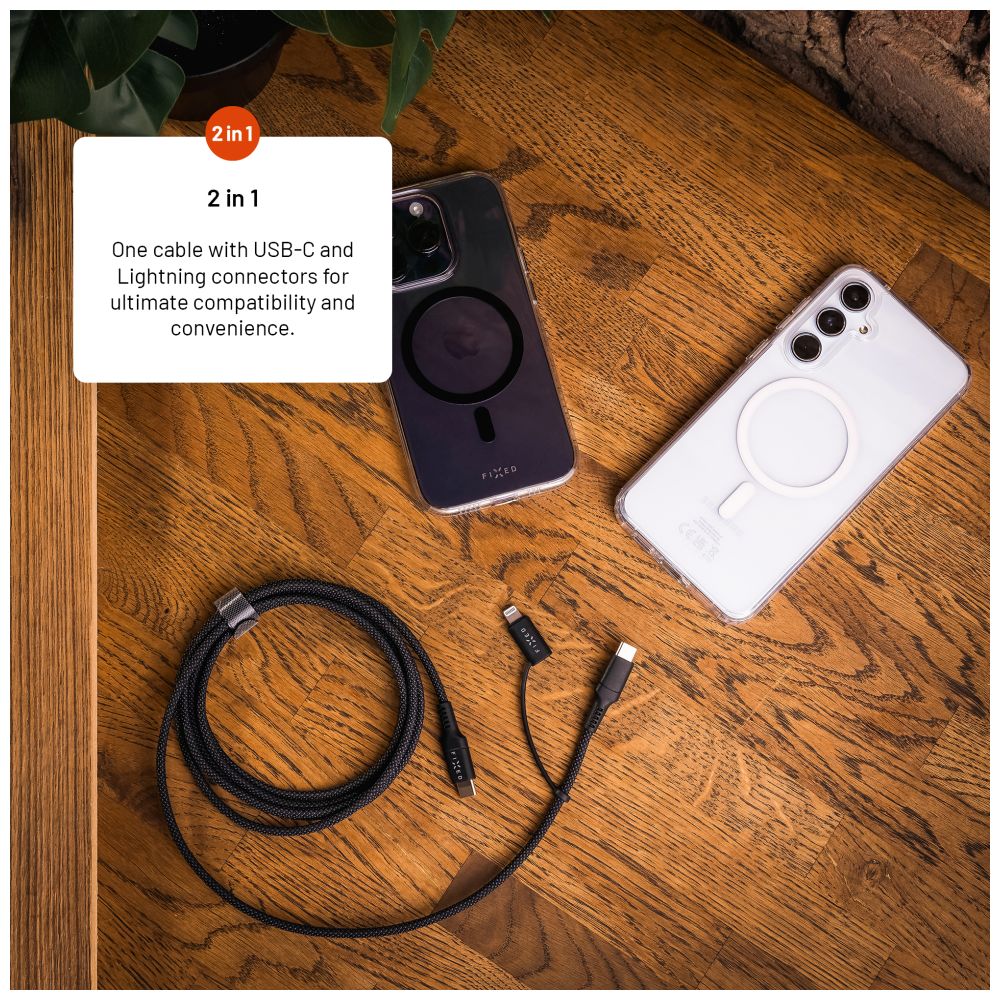 FIXED Câble USB-C vers USB-C tressé avec adaptateur Lightning, 3 m, Certifié MFi, Charge Rapide PD 60W, Gris