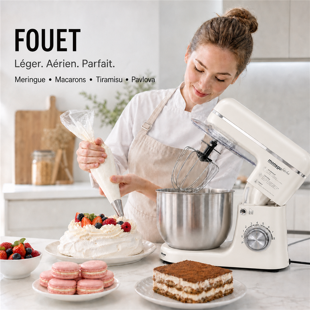 monsga SM100 Robot pâtissier, 1000 W, Blanc crème, Bol mélangeur en acier inoxydable 6,0 L, Silencieux, Avec fouet, Crochet à pétrir en Téflon super antiadhésif (Résistant à 260 °C), Batteur et pare-éclaboussures, 8 réglages de vitesse