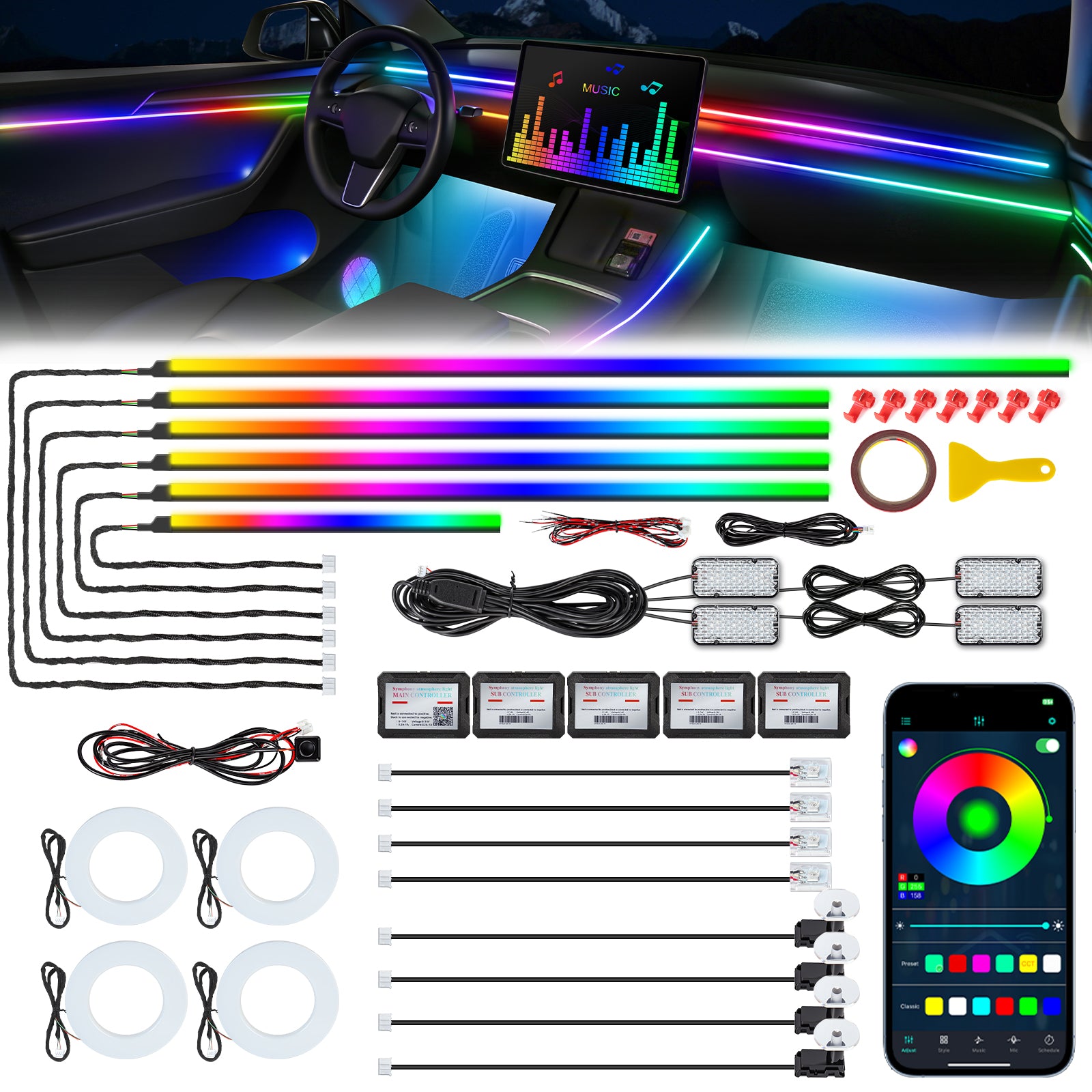 Dream+color Kit d'éclairage 593 LED pour intérieur de voiture en acrylique avec application sans fil, 22-en-1 - 444,5 cm