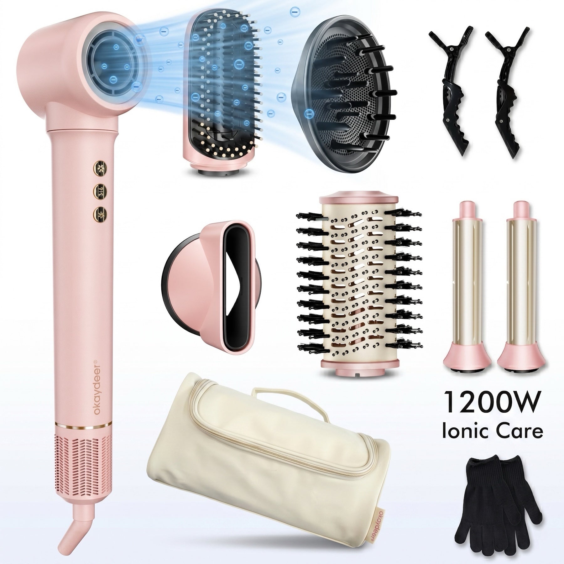 Okaydeer Set de Brosse Sèche-Cheveux Haute Vitesse 7 en 1 & Boucleur Auto-Enrouleur, Lisseur à Air Chaud Anti-Frisottis et Volumateur pour Cheveux Lisses et Brillants, Cadeau Rose avec Sac de Voyage