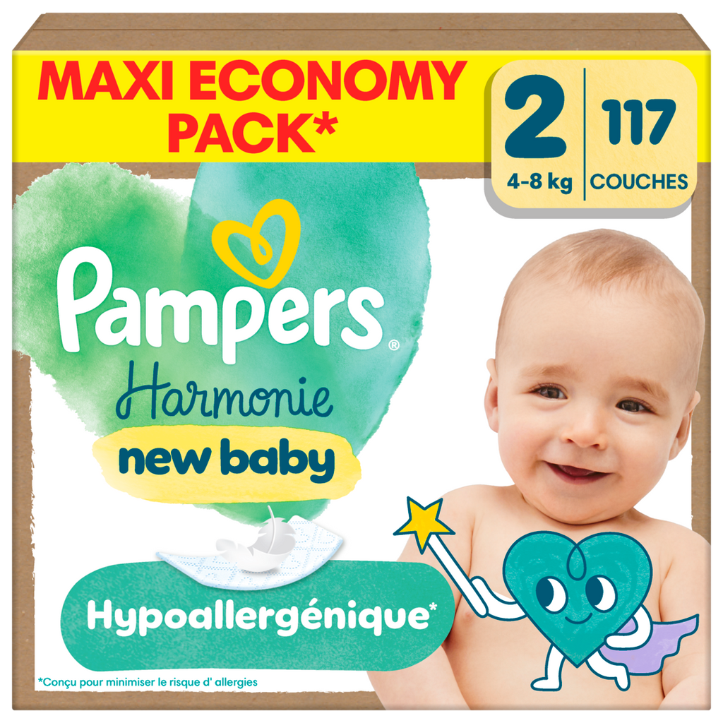 Pampers Harmonie Couches Édition Limitée, Taille 2, 117 Couches, 4kg-8kg, Conçues pour Les Peaux Les Plus Sensibles, Maxi Economy Pack