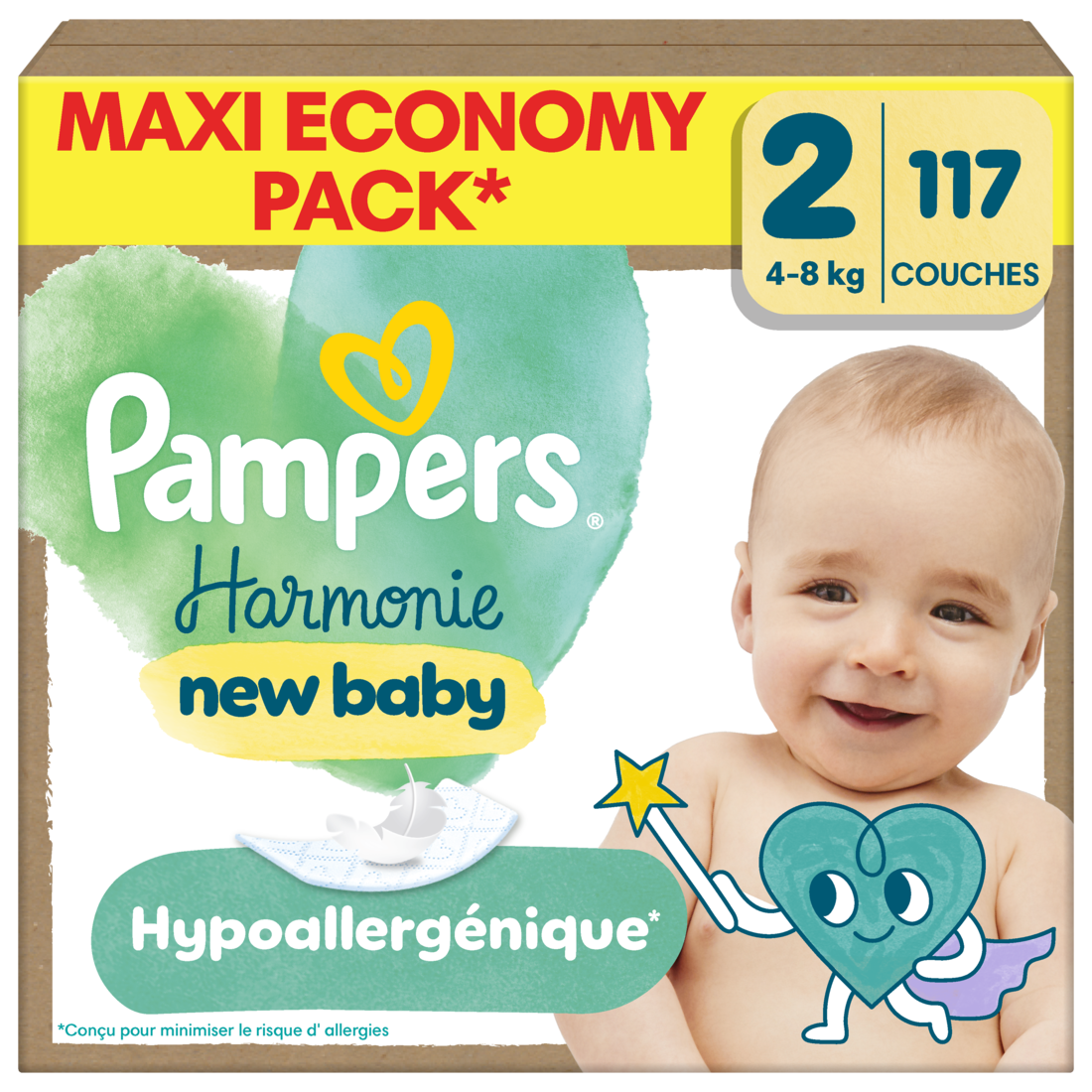 Pampers Harmonie Couches Édition Limitée, Taille 2, 117 Couches, 4kg-8kg, Conçues pour Les Peaux Les Plus Sensibles, Maxi Economy Pack