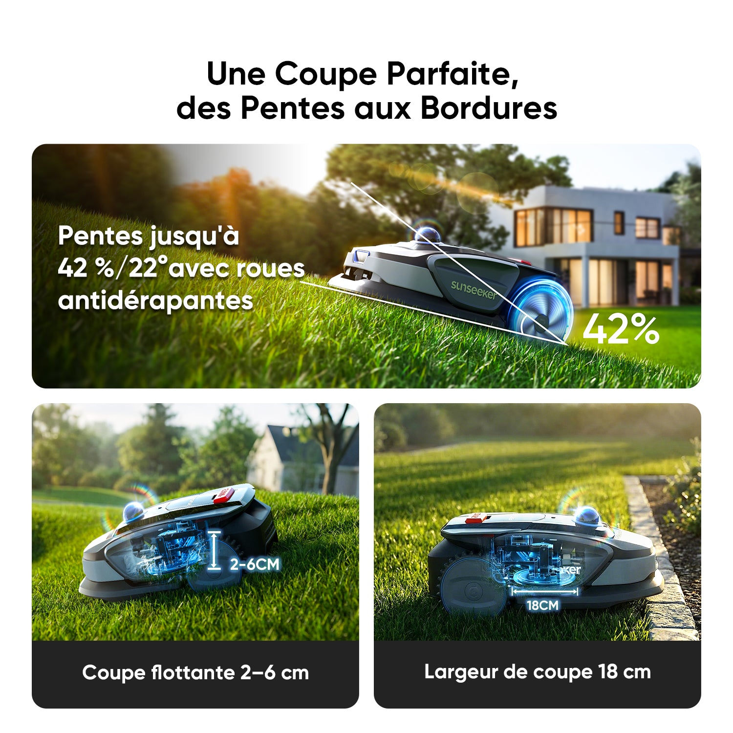Sunseeker S4 Robot Tondeuse Sans Fil à Périmètre pour 1000 m² – LiDAR 360° et Vision IA, Cartographie Automatique, Évitement Intelligent des Obstacles, Multi-Zones, Contrôle Via Application