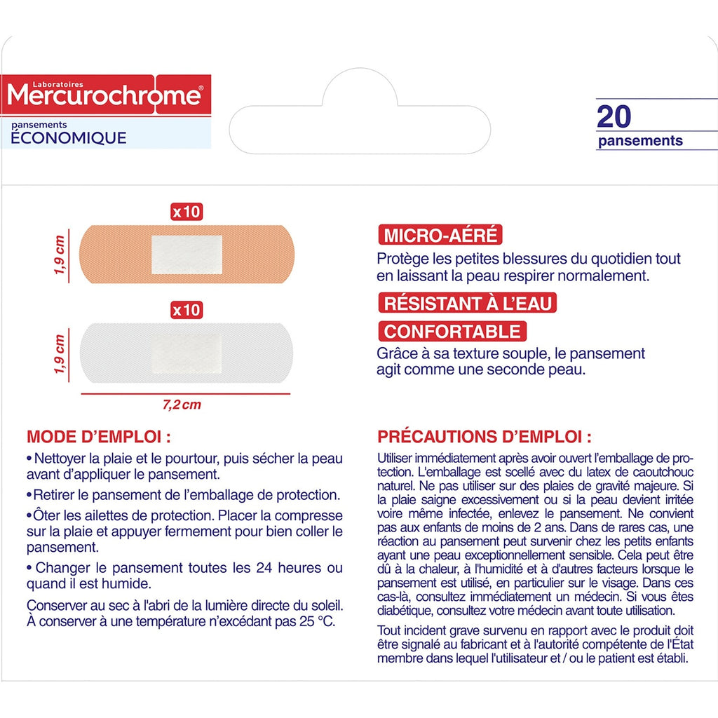 MERCUROCHROME Pansements Protection Optimale Résistant à l'Eau Micro-aéré X20