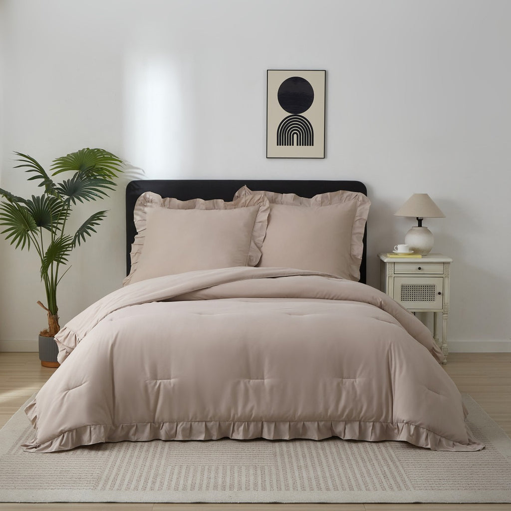 Meeallhome Parure de lit avec couette à volants vintage 200 x 220 cm / 80 x 80 cm x 2 Kaki