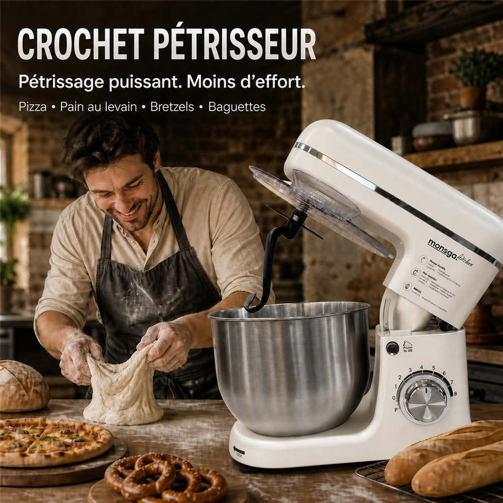 monsga SM100 Robot pâtissier, 1000 W, Blanc crème, Bol mélangeur en acier inoxydable 6,0 L, Silencieux, Avec fouet, Crochet à pétrir en Téflon super antiadhésif (Résistant à 260 °C), Batteur et pare-éclaboussures, 8 réglages de vitesse