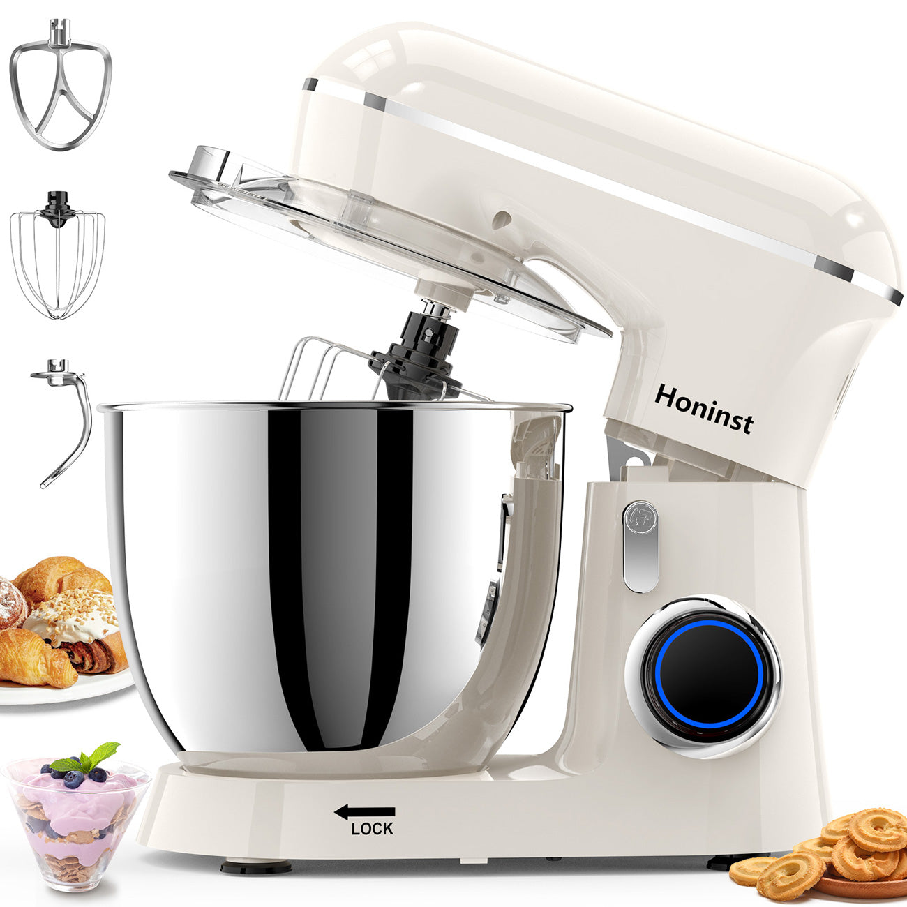 HONINST Robot pâtissier, Robot pâtissier électrique à tête inclinable 6,5 qt 10 vitesses, Robot de cuisine 3-en-1 avec bol, crochet pétrisseur, fouet et batteur plat
