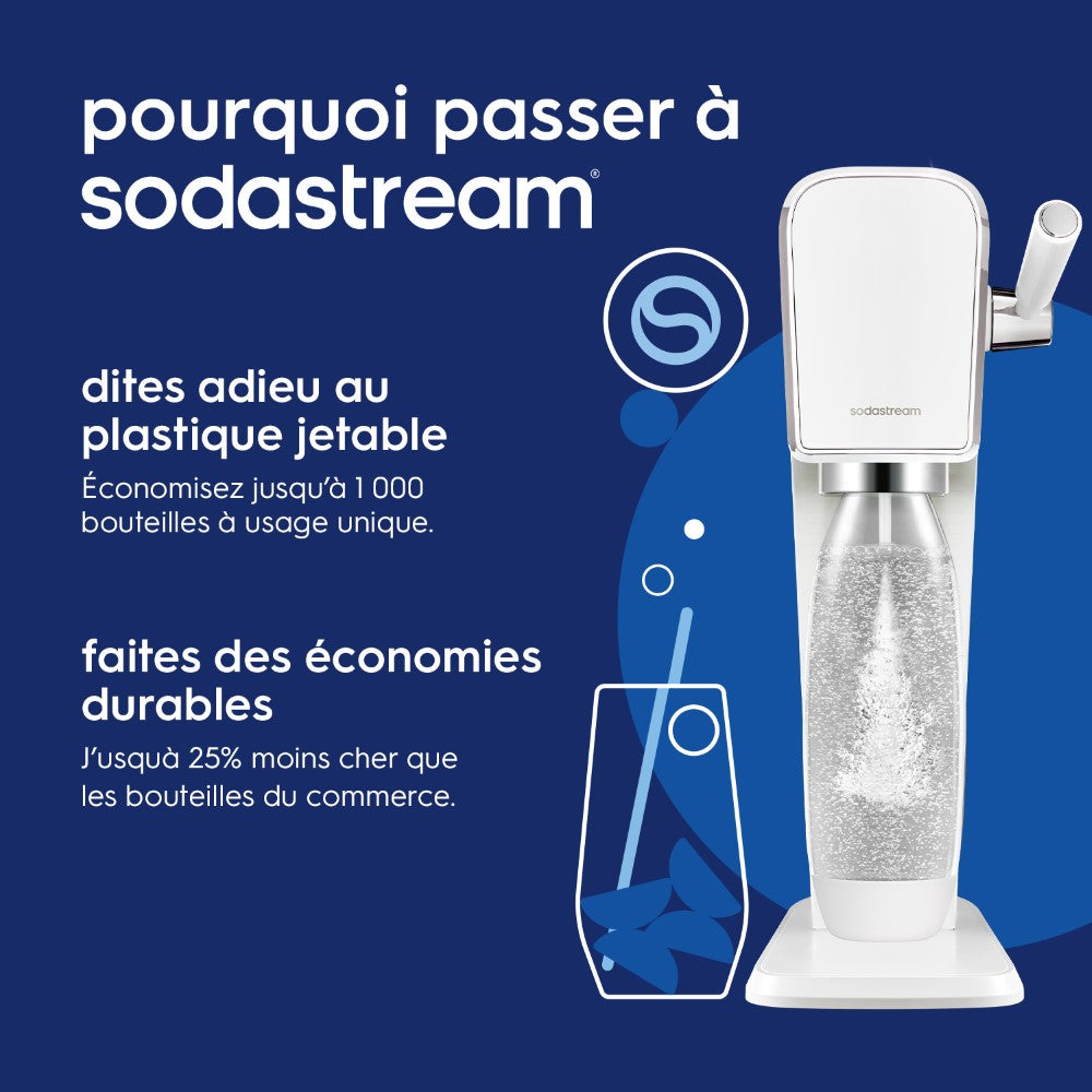 SodaStream ART Machine à Eau Pétillante et Soda | Pack 1 Bouteille 1L Compatible Lave-Vaisselle + 1 Recharge de Gaz 60L à Clipser | Blanche
