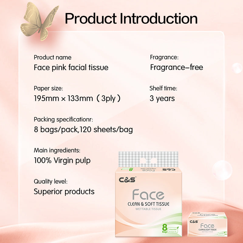 C&S Face Pink Mouchoirs pour le visage doux, 3 épaisseurs - Lot de 8 paquets de 120 feuilles
