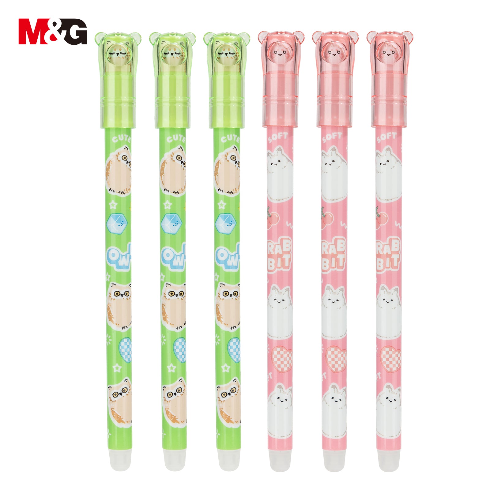 M&G Lot de 6 stylos gel effaçables à encre noire, pointe fine 0,7 mm et motif mignon d’animaux