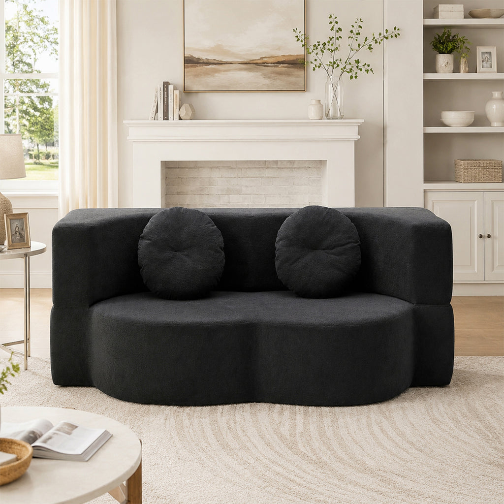 Canapé-lit 2 places avec accoudoirs larges, 2 coussins et mousse haute densité, pour salon, noir