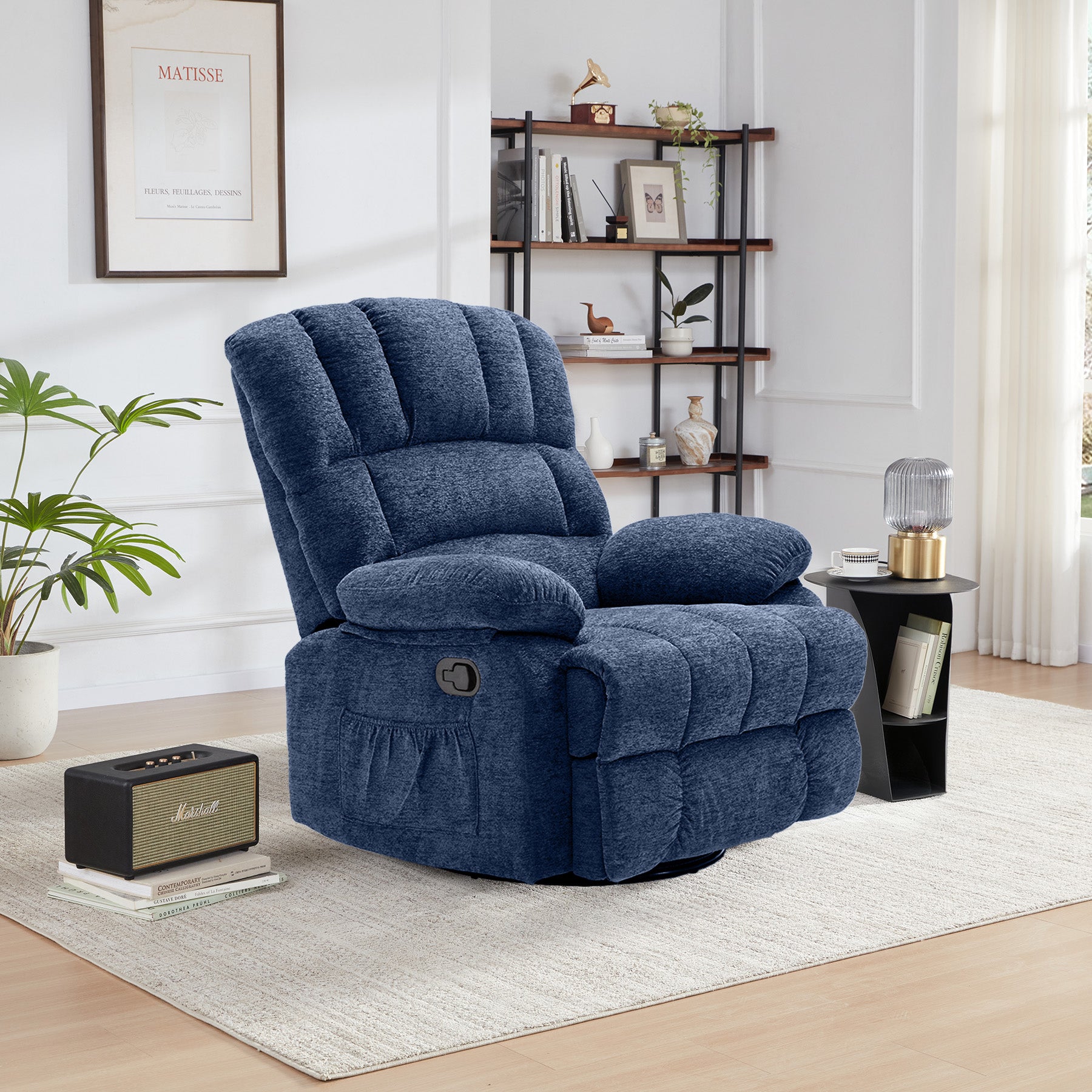 HONEYOU Fauteuil pivotant et bascule surdimensionné avec cadre OKIN, Chaise bascule à 360°, Canapé rembourré manuel pour salon et chambre, Bleu