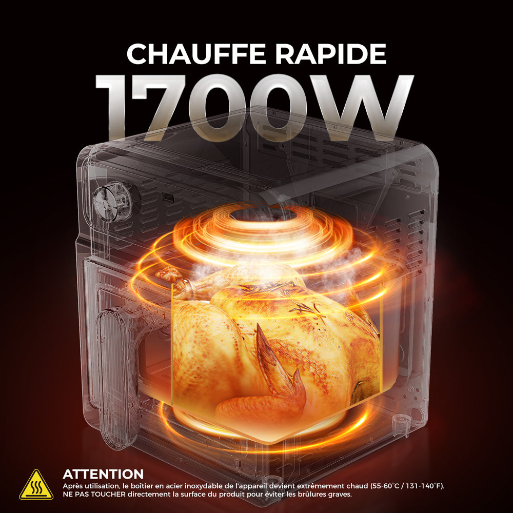 ROUNY Friteuse sans huile 6,5 L, friteuse entièrement en acier inoxydable avec hublot de visualisation, commande par molette classique, cuisson sans rotation