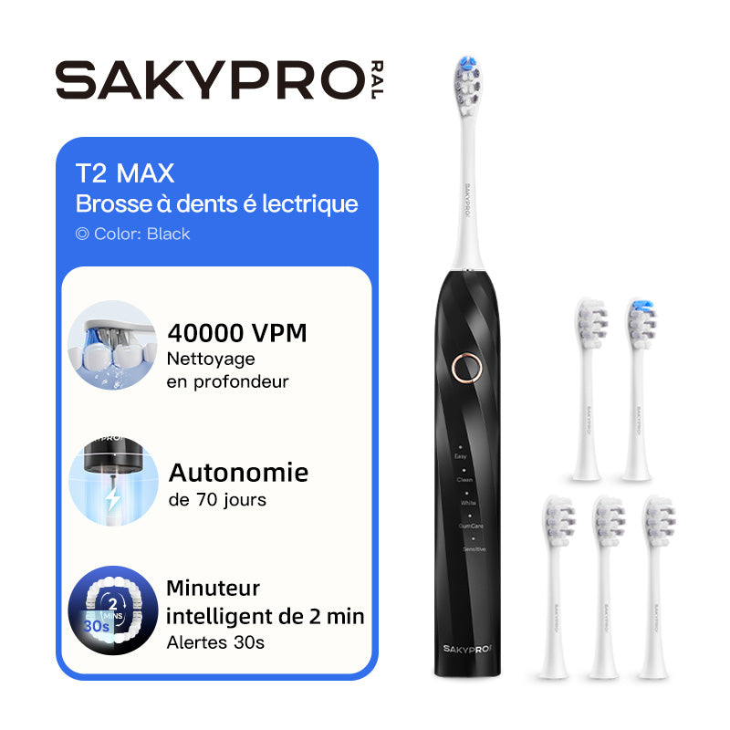 SAKYPRORAL T2 MAX Brosse à dents électrique avec 6 têtes de brosse, 5 modes de brossage, autonomie de 75 jours, minuteur intelligent - Noir