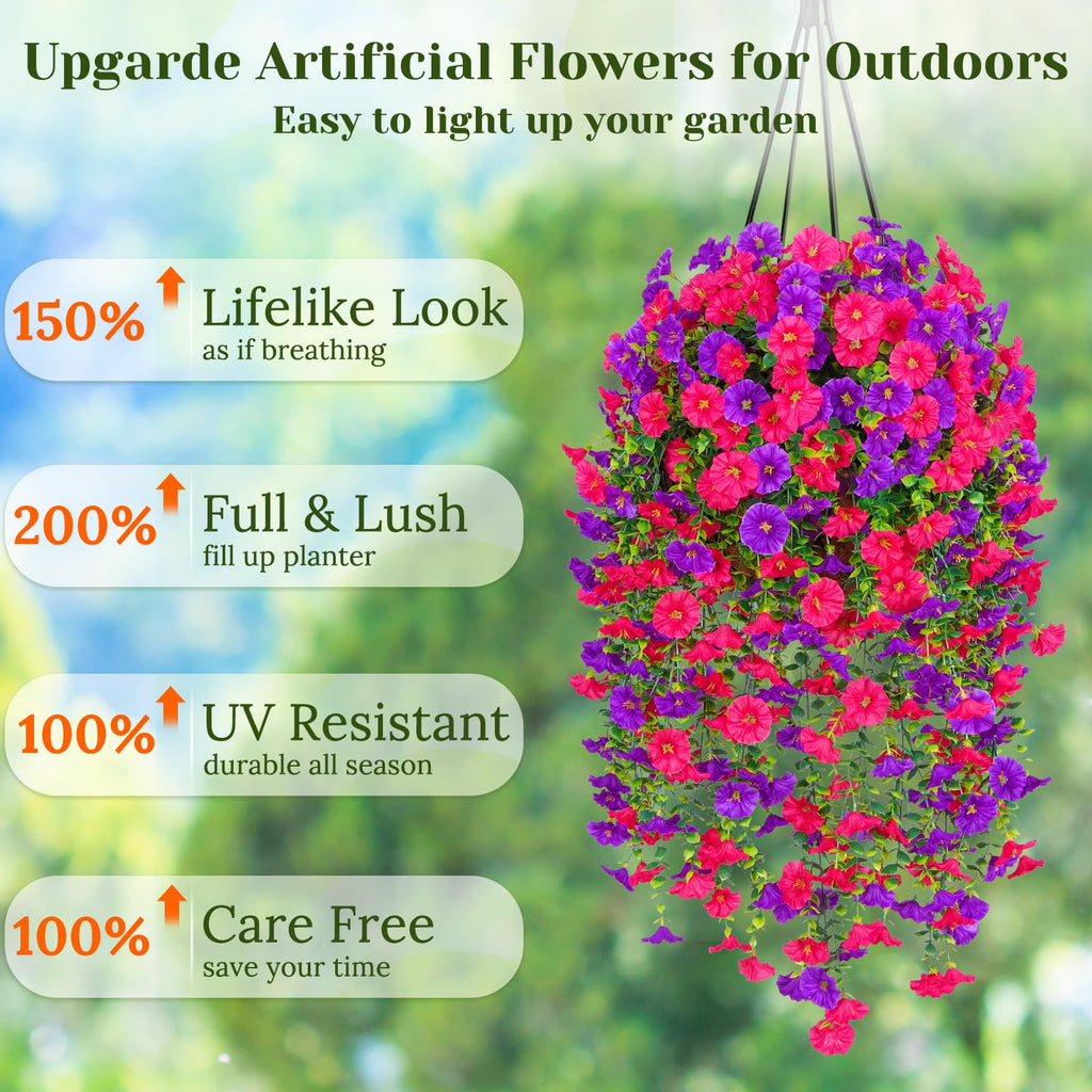 Yuejia 4 pièces 30 po/76 cm Fleurs artificielles pour extérieur, Fleurs suspendues artificielles pour extérieur Fleurs suspendues réalistes Fleurs de pétunia artificielles en soie pour