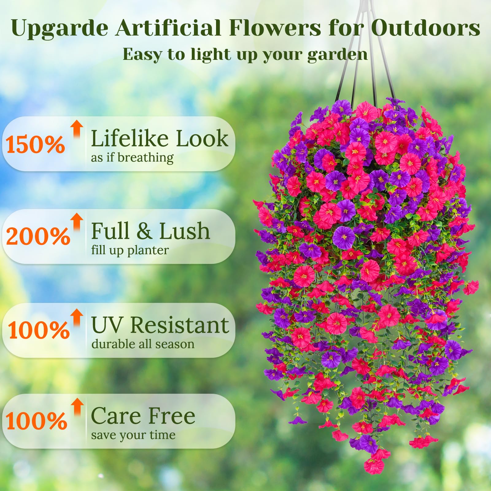 Yuejia 4 pièces 30 po/76 cm Fleurs artificielles pour extérieur, Fleurs suspendues artificielles pour extérieur Fleurs suspendues réalistes Fleurs de pétunia artificielles en soie pour