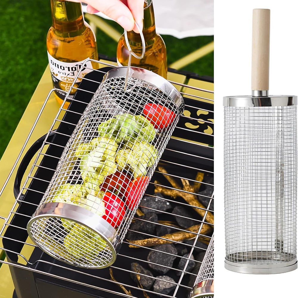 Huacan Panier rond à barbecue, Seau de barbecue d’extérieur, Cage de fumage pour barbecue portable, Panier roulant rotatif en acier inoxydable, Petit