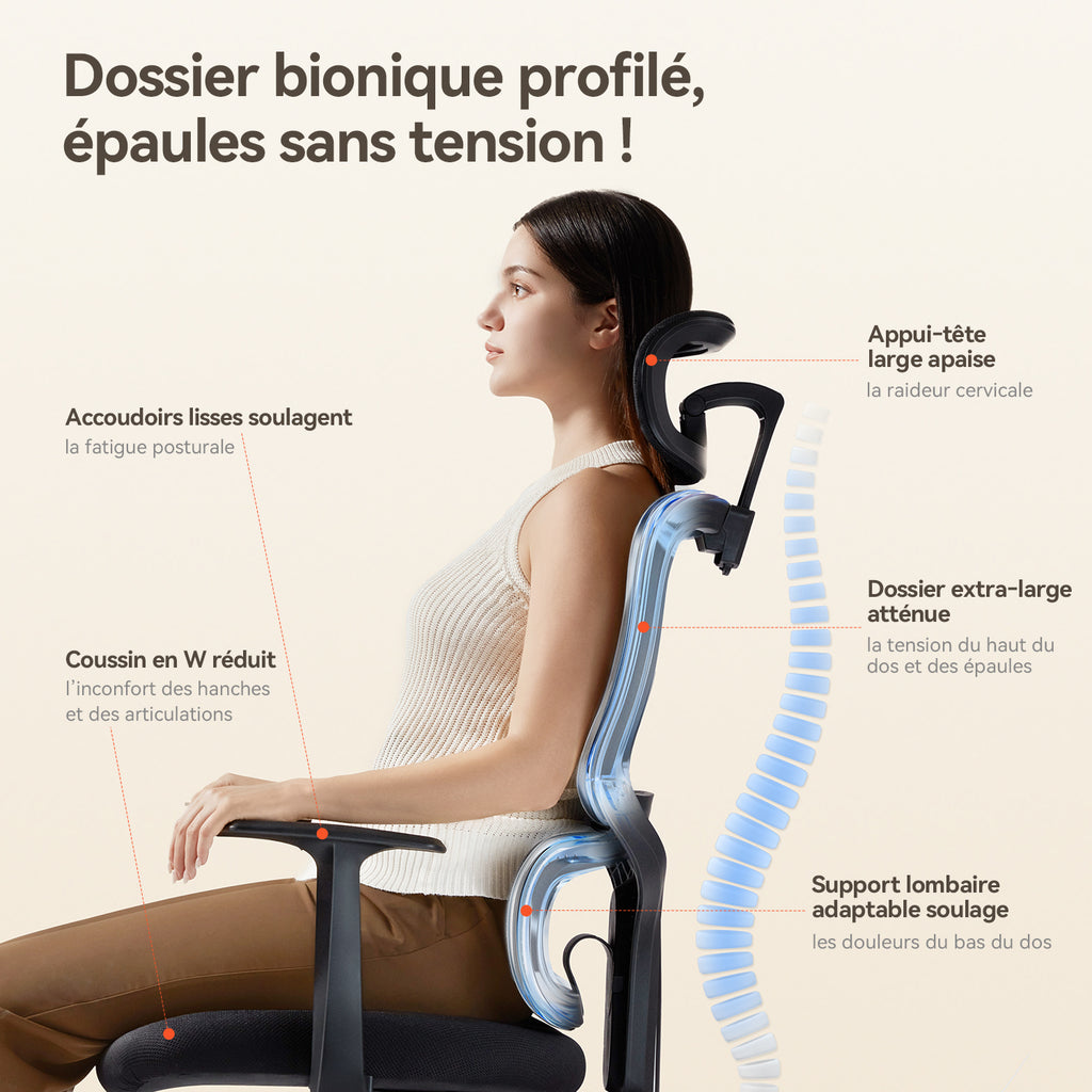 SIHOO Chaise de bureau ergonomique - Chaise de bureau réglable avec soutien lombaire 3D dynamique, dossier en mesh respirant, appuie-tête réglable et accoudoirs en PU pour bureau à domicile - (Noir)