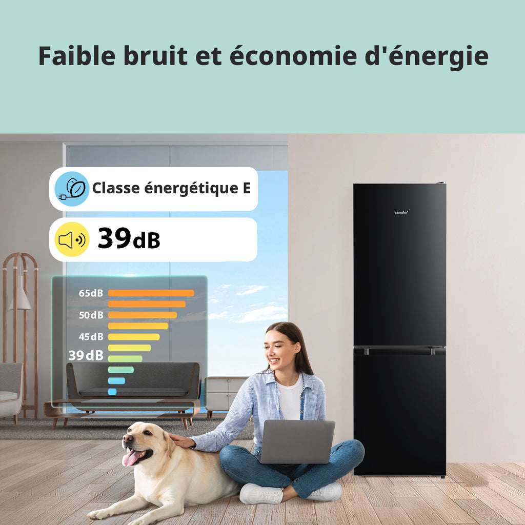 Comfee' par Midea 174 L Réfrigérateur-congélateur pose libre, Low Frost, Thermostat réglable, Éclairage LED, Porte réversible, Faible bruit, Noir RCB230BL2EU(E)