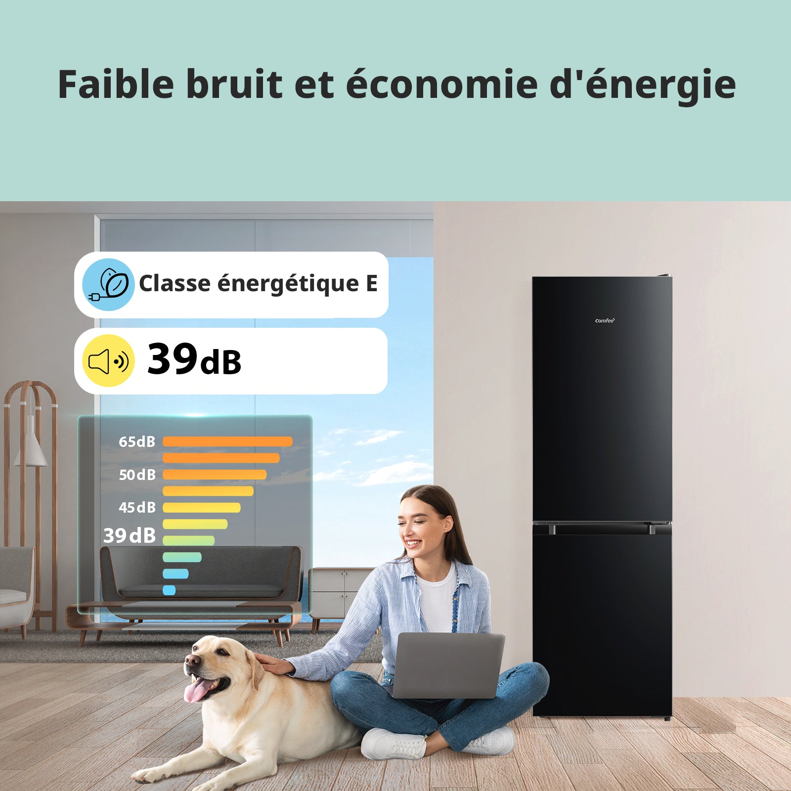 Comfee' par Midea 174 L Réfrigérateur-congélateur pose libre, Low Frost, Thermostat réglable, Éclairage LED, Porte réversible, Faible bruit, Noir RCB230BL2EU(E)