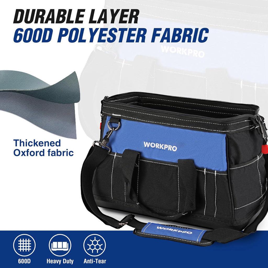 WORKPRO Sac à Outils 16 Pouces, Sac à Outils Robuste Multi-Poches avec Base Rigide en Plastique Imperméable, Sac à Outils Électromécanicien Robuste à Ouverture Large avec Bandoulière Réglable