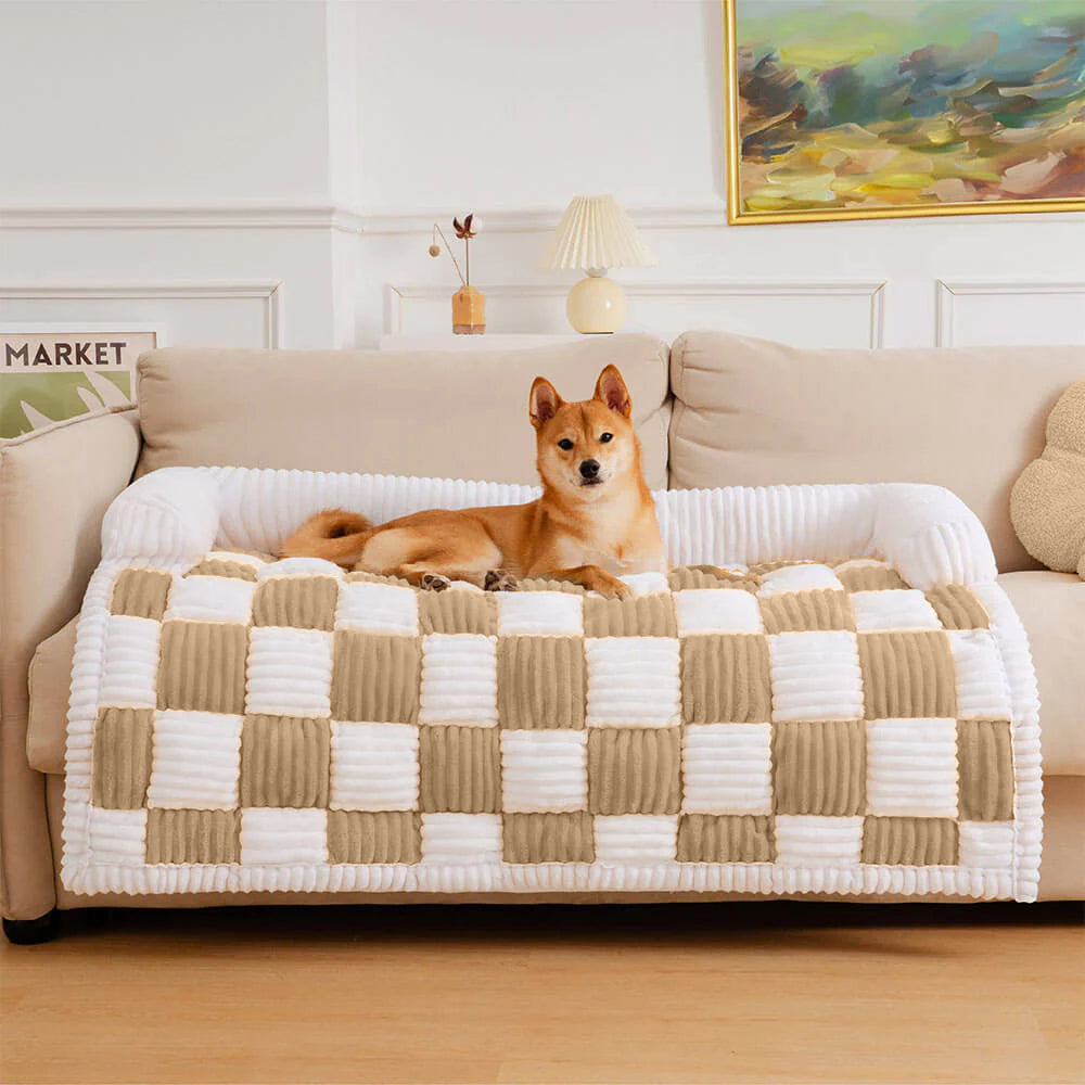 FUNNYFUZZY Tapis confortable carré à carreaux Crème Protecteur de meubles pour chien chat Taille S Café