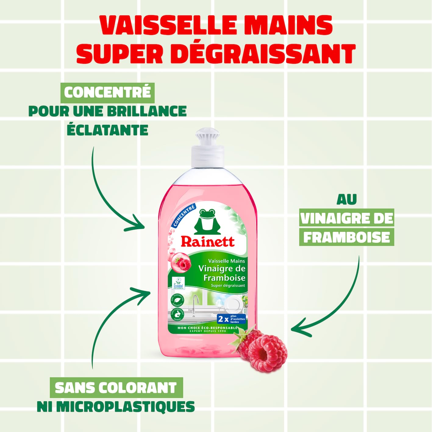 Rainett Liquide Vaisselle Écologique Super Dégraissant Vinaigre de Framboise 500 ml