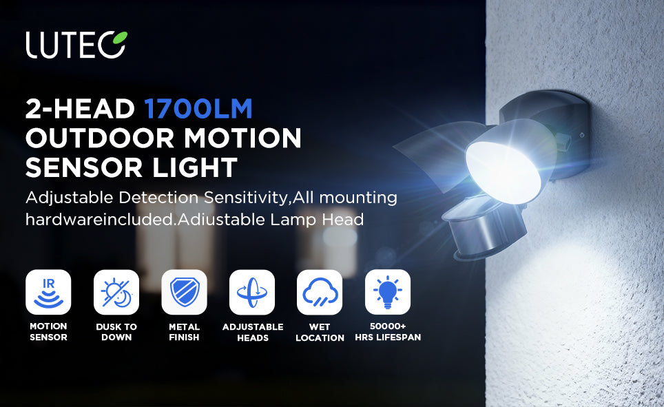 Projecteur de Sécurité LED LUTEC 20W 1700LM 4000K avec Capteur – Double Tête Intégrée pour Extérieur, Terrasse, Jardin, Cour – Noir