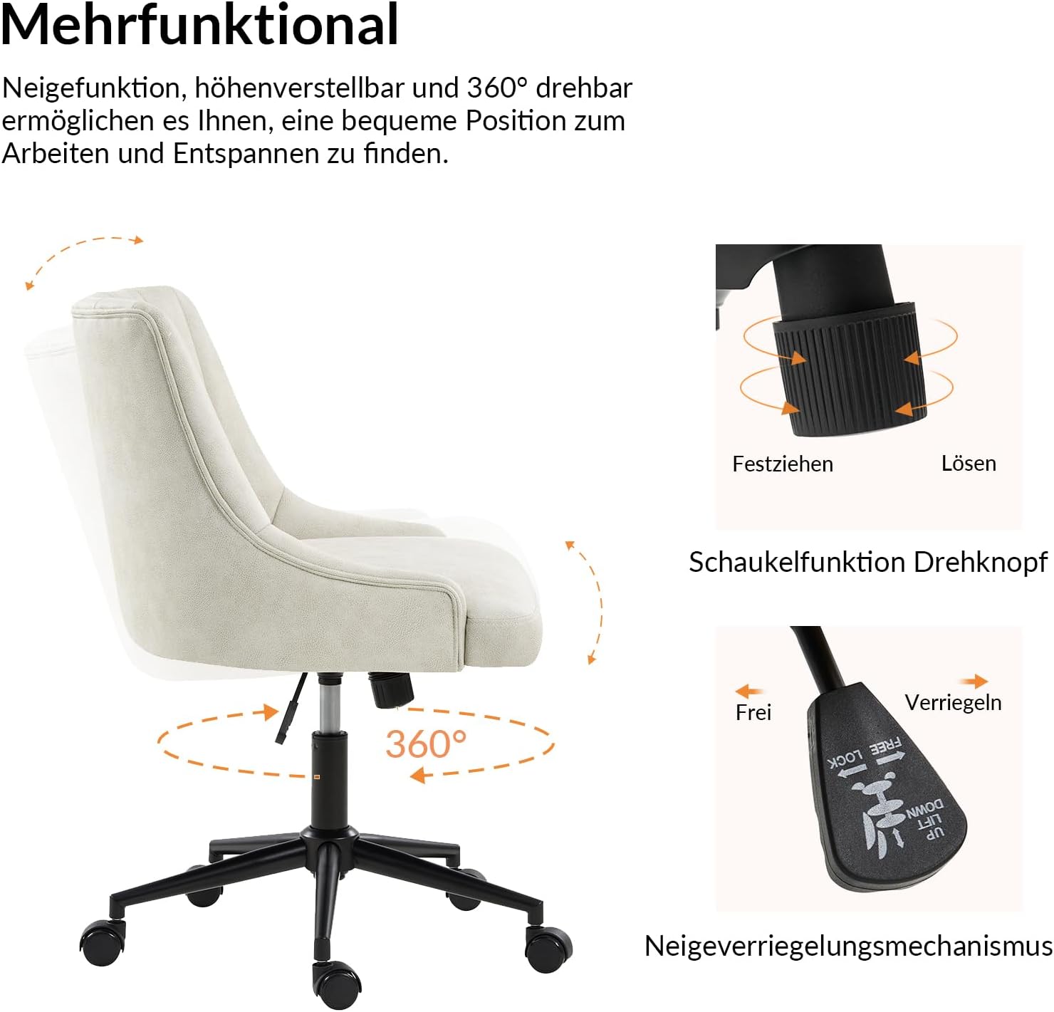 HULALA HOME Chaise de bureau moderne sans accoudoirs avec assise rembourrée, dossier matelassé, pivotante 360° à hauteur réglable et structure en métal robuste - Blanc