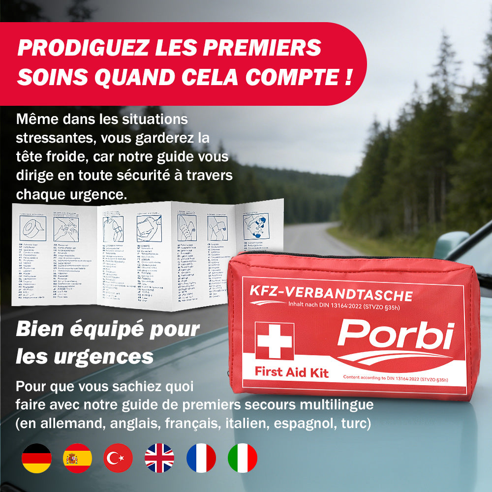 Trousse de premiers secours Porbi pour voiture, conforme à la norme DIN 13164, contient tout le matériel médical d'urgence nécessaire pour véhicules, voyages et accidents de la route, Rouge