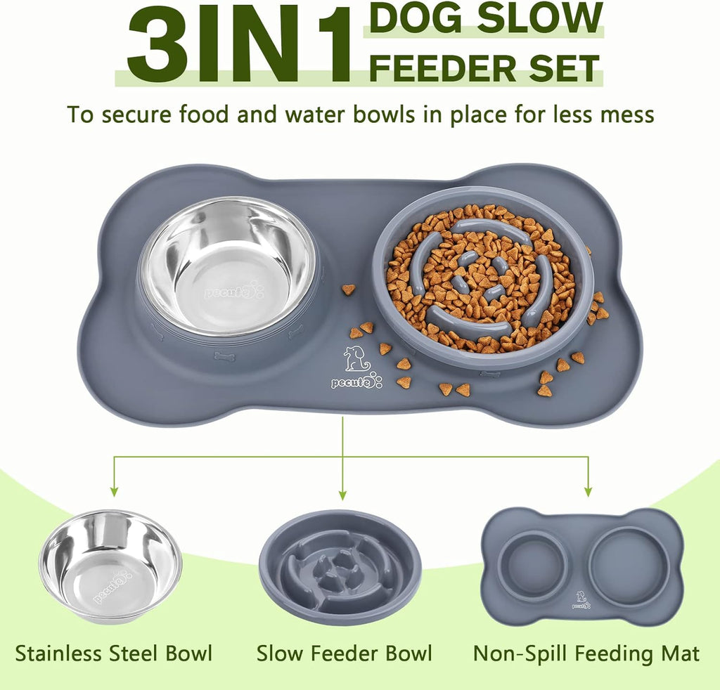 Pecute Bol anti-glouton 3 en 1, Bol en acier inoxydable, Bol anti-glouton, Tapis d'alimentation anti-éclaboussures (Taille M) - Bleu